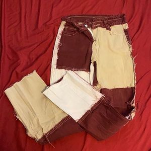 Patchwork jeans maroon beige and white